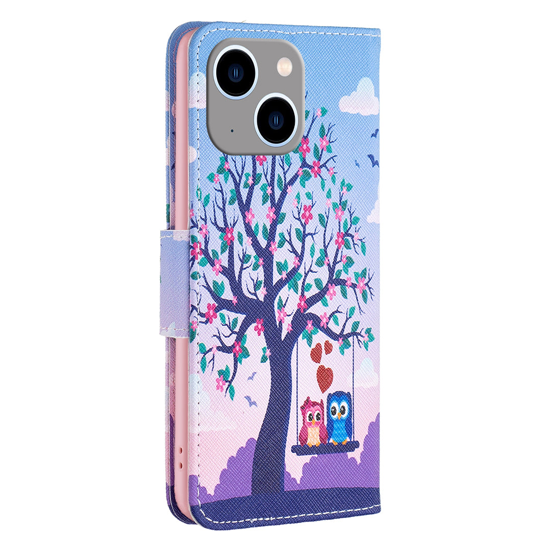 Uniqkart for iPhone 15 Plus Wallet PU Leather Phone Case Pattern Printing Stand Protective Phone Cover - Two Owls Uniqkart for iPhone 15 Plus Wallet PU Leather Phone Case Pattern Printing Stand Protective Phone Cover - Two Owls